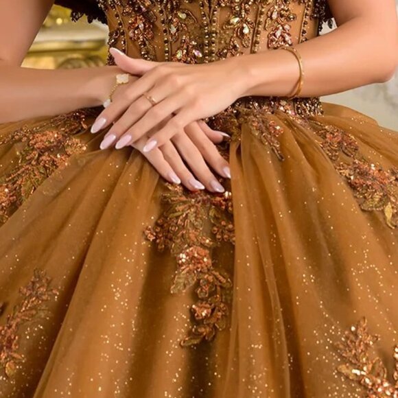New Brown Beaded Quinceanera Tulle Dress w/ Layered Skirt & Back Bow GL3811 - Picture 7 of 15